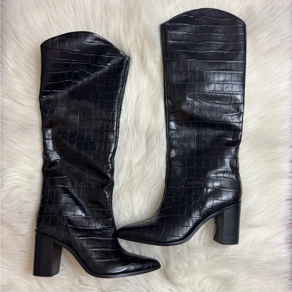 New Schutz Maryana Block Wide Crocodile Boot Black Chunky Heel Point Toe Western - Picture 2 of 6